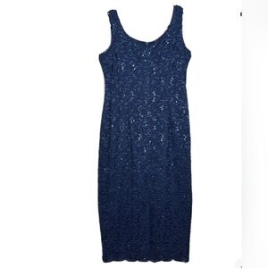 Alex Evenings- Womens Sequined Blue Lace Sheath Dress Scalloped hem Sz.18